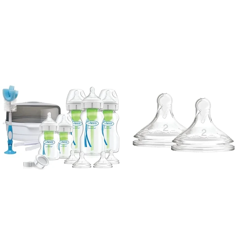 Dr. Brown's Options+ Anti-Colic Baby Bottle, Wide Neck, Newborn Gift Set & Options+ Wide-Neck Bottle Teat Level 2 (3m+), Pack of 2