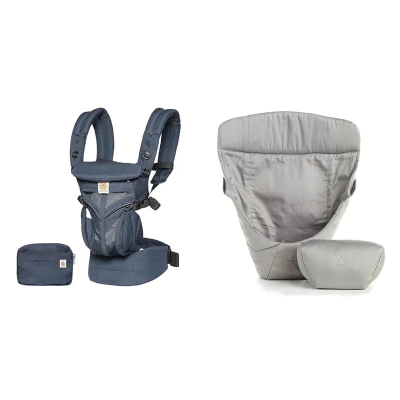 Ergobaby Baby Carrier, 4-Position Omni 360 Cool Air Mesh for Newborn to Toddler (0-3 yrs), Midnight Blue & Baby Infant Insert for Baby Carrier, for NB (Holds 3.2 - 5kg), Cotton Grey