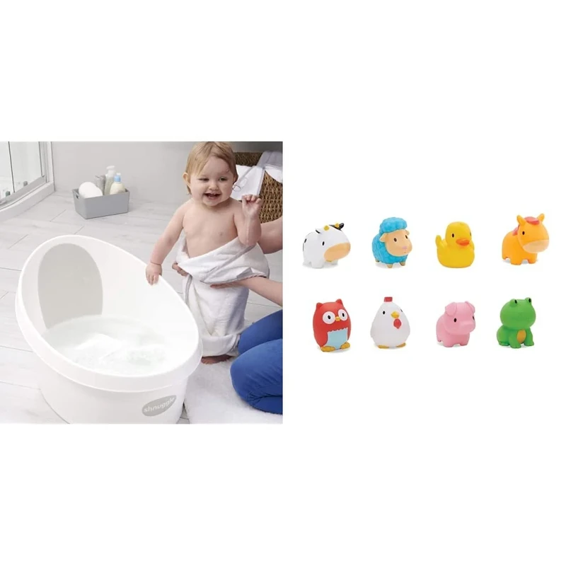 Shnuggle Toddler Bath - White with Light Grey Backrest & Munchkin Floating Farm Animal Themed Rubber Bath Squirt Toys for Baby, Pack of 8