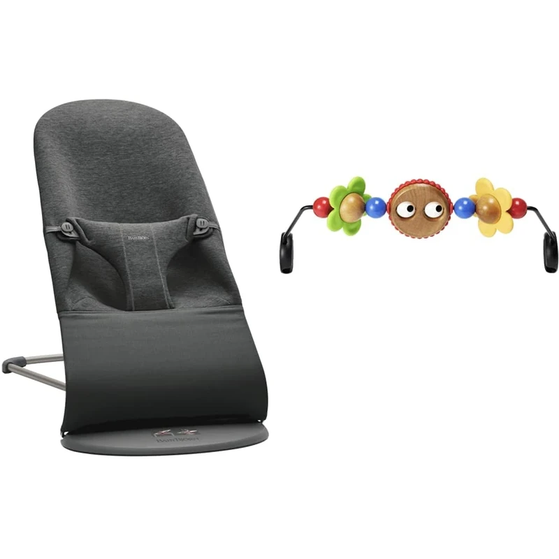 BabyBjörn Bouncer Bliss, Dark grey frame, 3D jersey, Charcoal grey & Toy for Bouncer, Googly eyes
