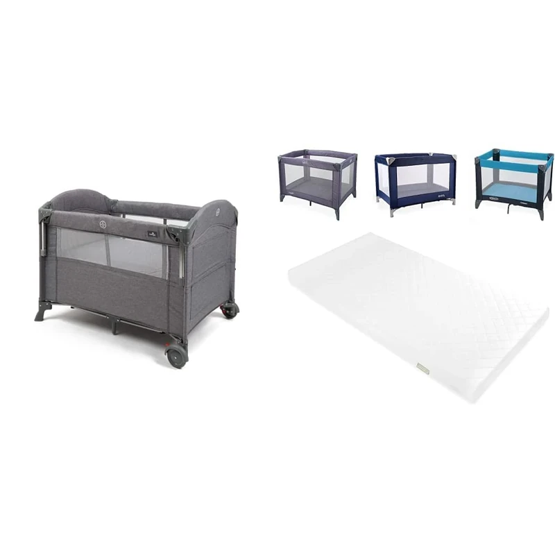 Babylo Deluxe Drop Side Co-Sleeper Bedside Travel Cot, Grey Mélange, Pack of 1 & Mother Nurture Classic Foam Travel Cot Mattress, White, 95 x 65 x 7.5cm