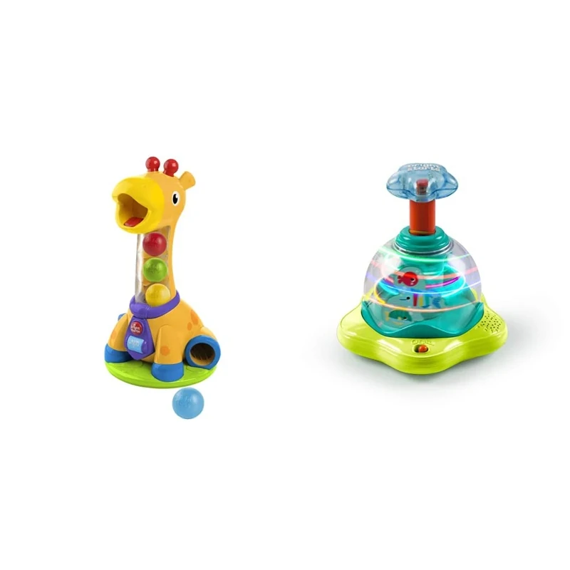 Bright Starts, Spin & Giggle Giraffe Ball Popper Musical Activity Toy with Light & Sounds, 6 Balls, Ages 12 months & Press & Glow Spinner Cause and Effect Musical Baby Toy, Age 6 Months+