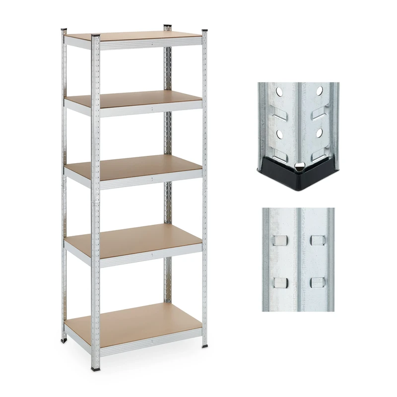 Relaxdays Heavy Duty Shelving Unit, 5 Levels, H x W x D: 180 x 70 x 45 cm, 500 kg max Load, Metal, MDF, Silver