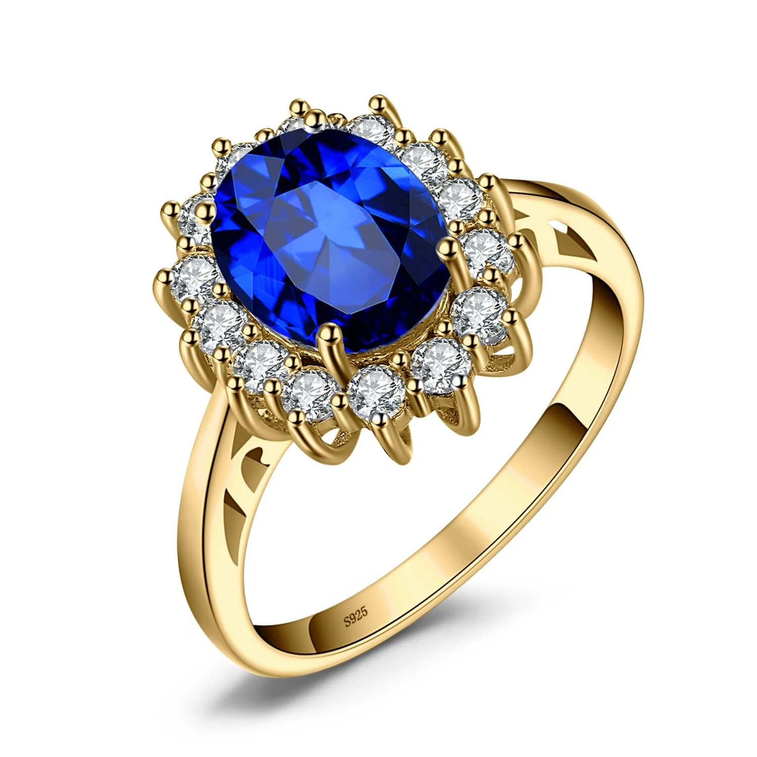 JewelryPalace Princess Diana Kate Middleton Gemstone Birthstone Blue Sapphire Halo Statement Engagement Rings for Women, 14K Yellow Gold Plated 925 Sterling Silver Promise Rings for Her Size 6.5