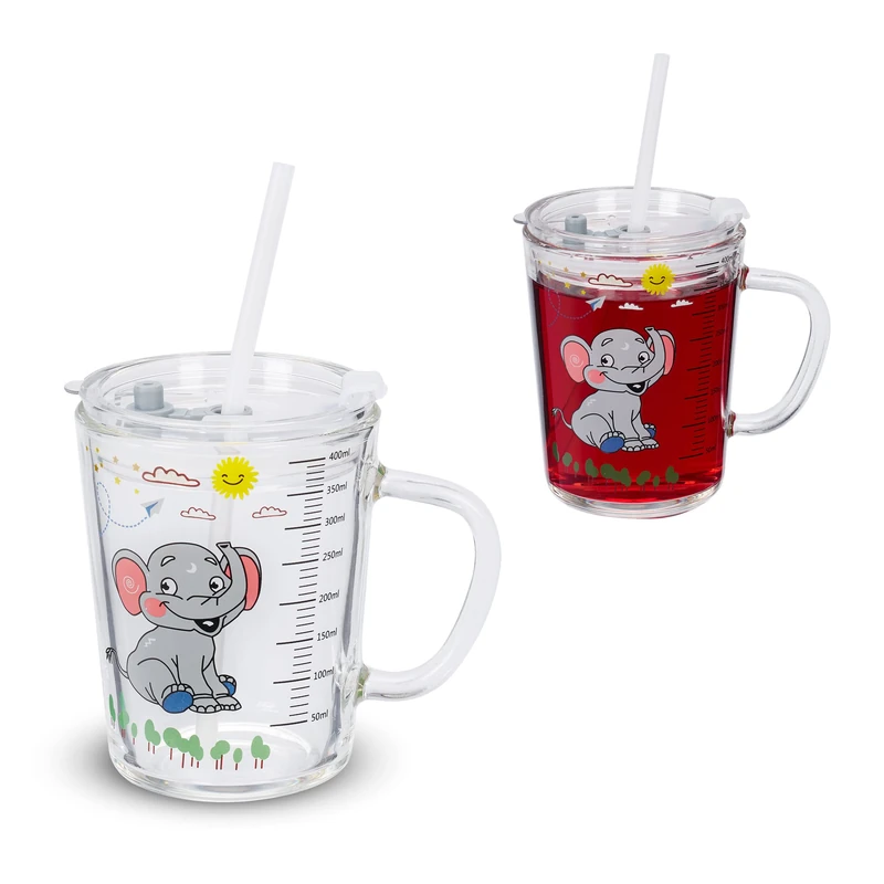 Relaxdays 2x Children's Cups, Elefant Motif, Drinking Glass for Kids, with Handle, Lid & Straw, 400ml Scale, Transparent