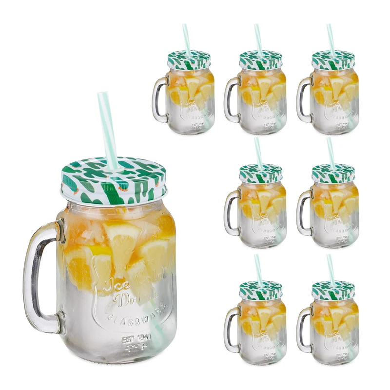 Relaxdays Set of 8 Drinking Glasses, Lids and Straws, Cacti Motif, 500 ml, Summer, Lemonade Jars with Handle, Colourful, 19 x 11 x 8 cm