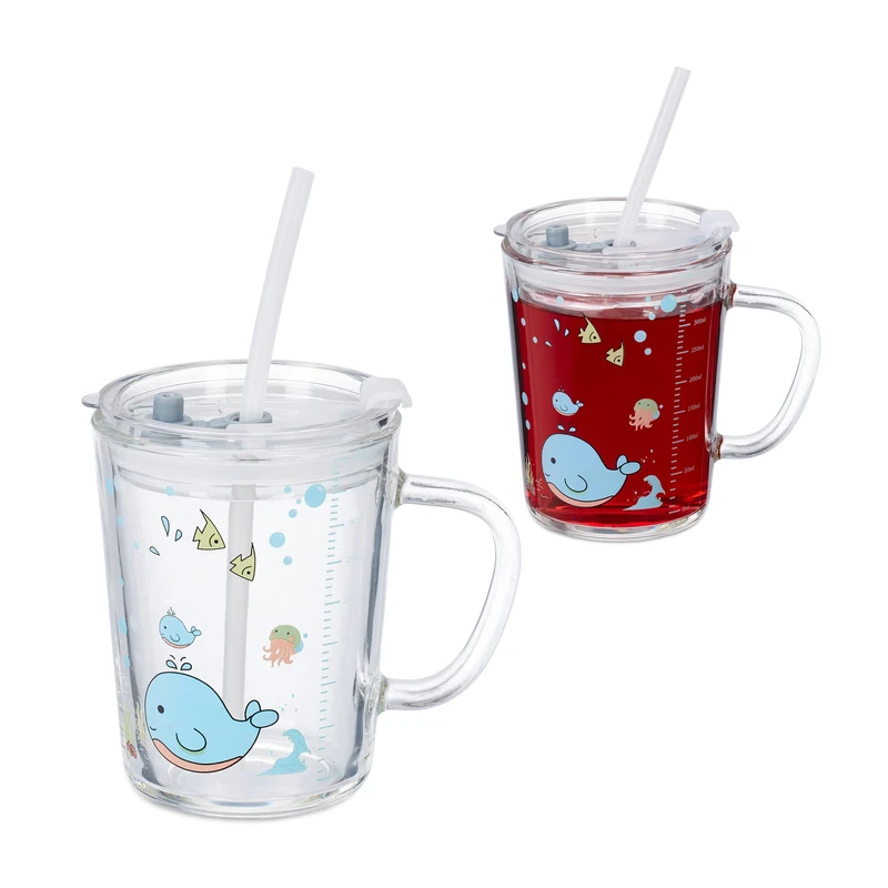 Relaxdays 2x Children's Cups, Whale Motif, Drinking Glass for Kids, with Handle, Lid & Straw, 400 ml Scale, Transparent