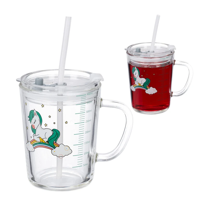 Relaxdays 2X Children's Cups, Pony Motif, Drinking Glass for Kids, with Handle, Lid & Straw, 400ml Scale, Transparent, 12 x 12.5 x 9.5 cm