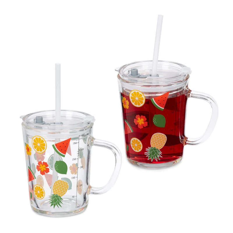 Relaxdays 2x Children's Cups, Fruit Motif, Drinking Glass for Kids, with Handle, Lid & Straw, 400ml Scale, Transparent