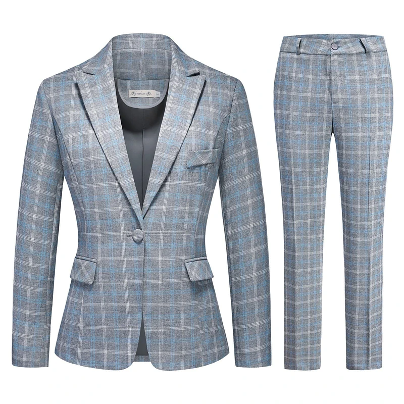 Womens 2 Piece Plaid Suits Set Business Office One Button Blazer Jacket Casual Long Sleeve Pant Suit Set, Deep Grey, Medium