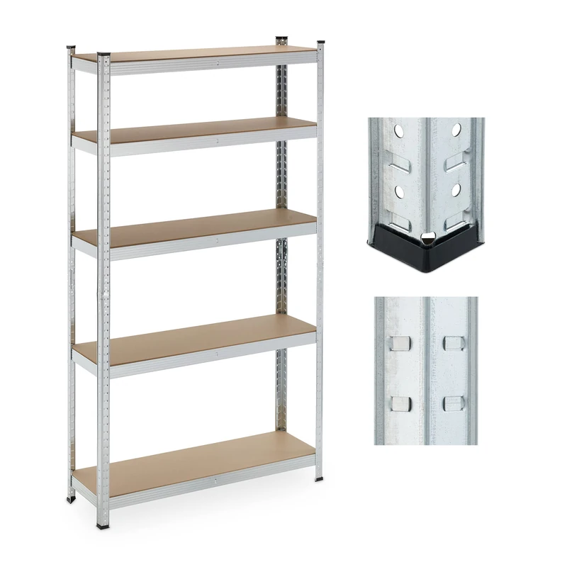 Relaxdays Heavy Duty Shelving Unit, 5 Levels, H x W x D: 180 x 100 x 30 cm, 500 kg max Load, Metal, MDF, Silver, Steel