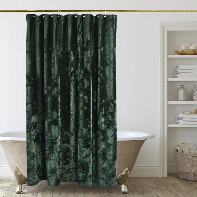 TAMGHO Crushed Velvet Shower Curtain, Dark Green, Luxury Forest Green with 12pc Gold Hooks, Waterproof Thick Fabric Bathroom Curtain 72x72