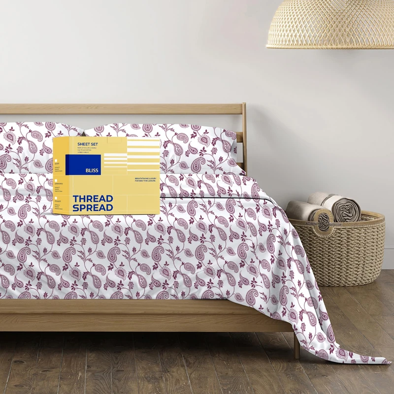 THREAD SPREAD 100% Cotton Printed Bed Sheets - 600 TC 4 Pc Paisley Printed King Sheet Set - Hotel Luxury Sateen Weave Bedsheets - Deep Pockets - Soft, Breathable & Cooling Sheets for King Size Bed
