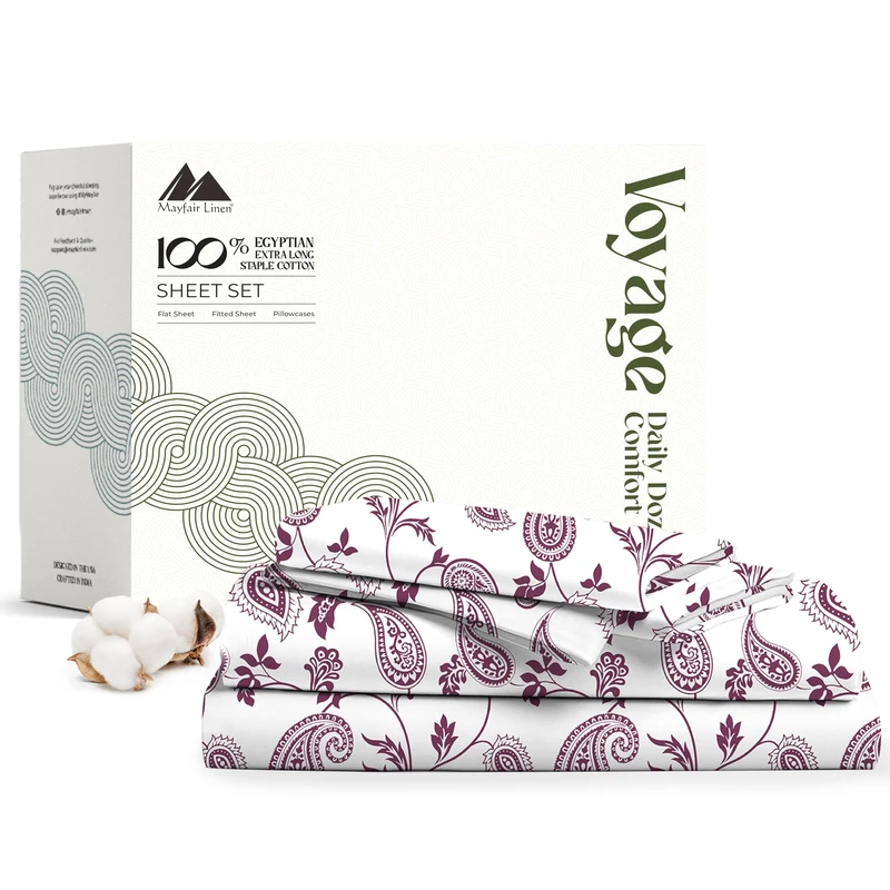 Mayfair Linen 100% Egyptian Cotton Printed Bed Sheets - 600 Thread Count 4 PC King Sheet Set, Hotel Luxury Sateen Bedsheets, 16" Deep Pocket Extra Soft Cooling Sheets for King Size Bed - Paisley