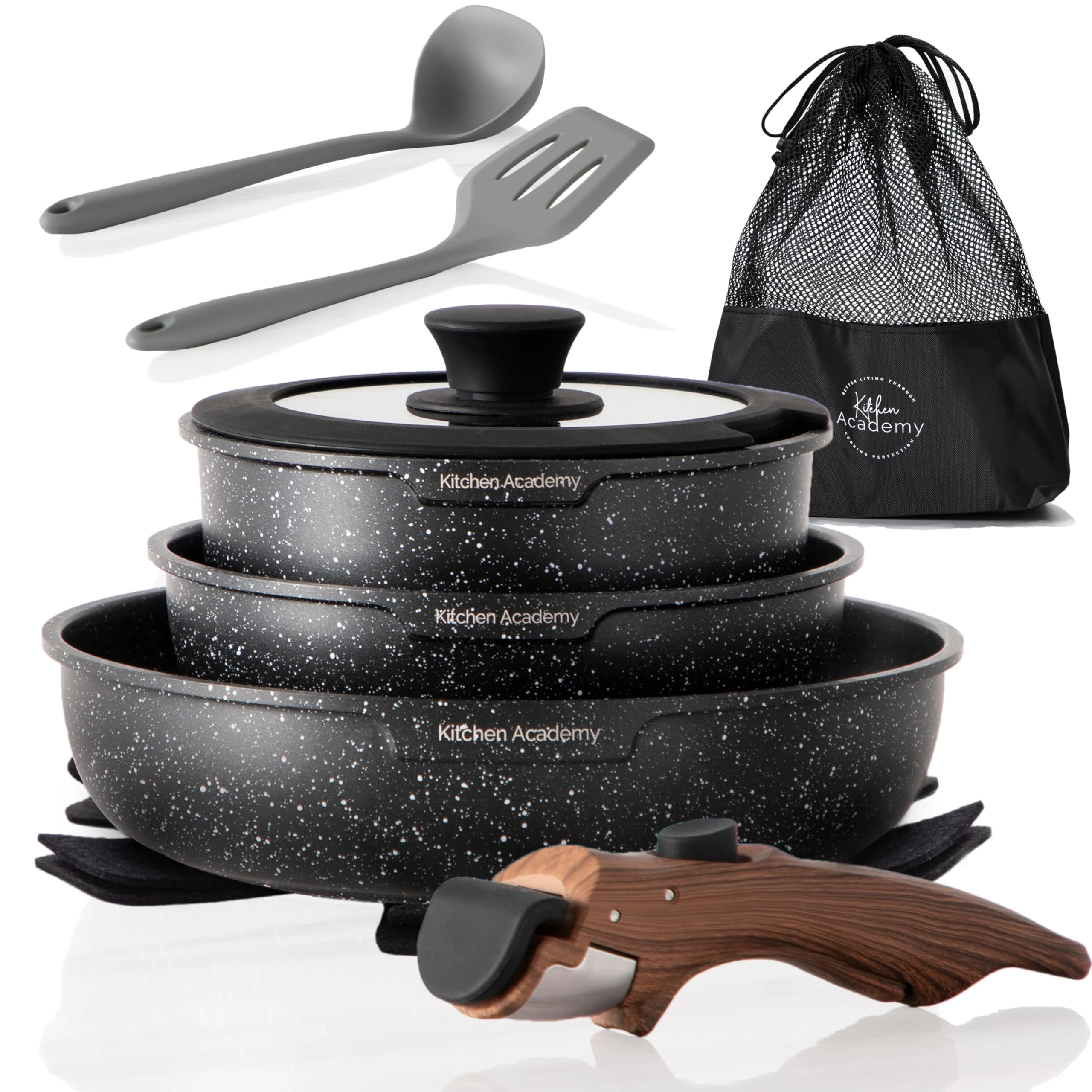 Kitchen Academy Non Stick Pots and Pans Set, Detachable Handle Induction Hob Pans Set,10 Piece Black Granite Cookware Set with Removable Handle Stackable RV Camp Cookware