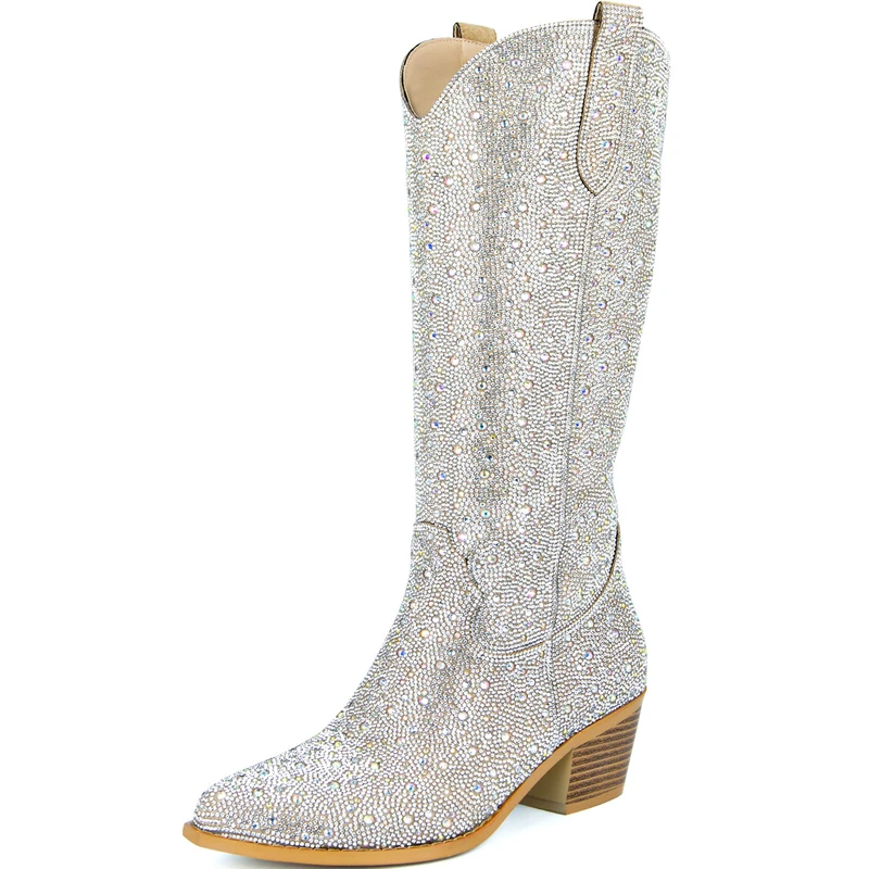 SOVANYOU Women's Rhinestone Cowboy Boots Pointed Almond Toe Block Heel Sparkly Cowgirl Boots, Rhinestone-01, 8 UK