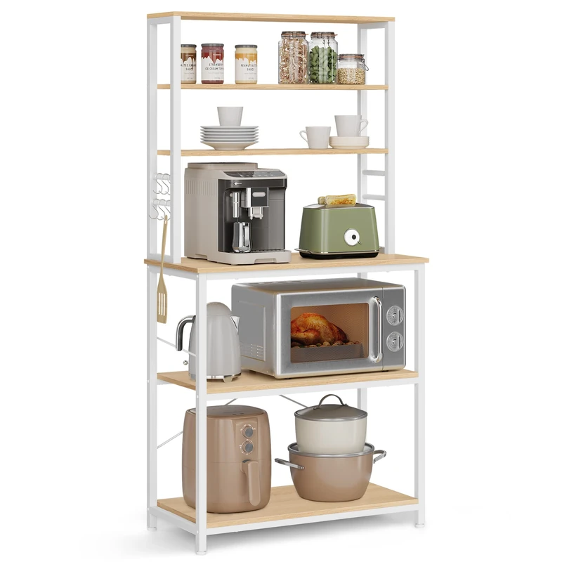 VASAGLE Kitchen Storage Rack, Coffee Bar, Baker's Rack, Total 6 Shelves and 6 Hooks, for Microwave, Steel Frame, Industrial, 40 x 80 x 167 cm, Golden Oak and Cloud White KKS019W09