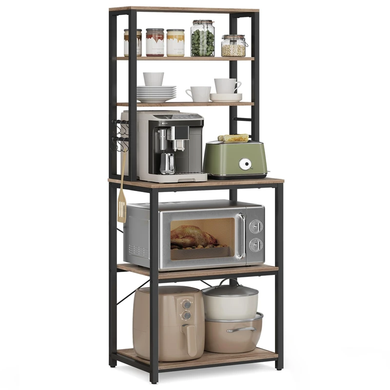 VASAGLE Kitchen Storage Rack, Coffee Bar, Baker's Rack, Total 6 Shelves and 6 Hooks, for Microwave, Steel Frame, Industrial, 40 x 60 x 167 cm, Heather Greige and Ink Black KKS024B02