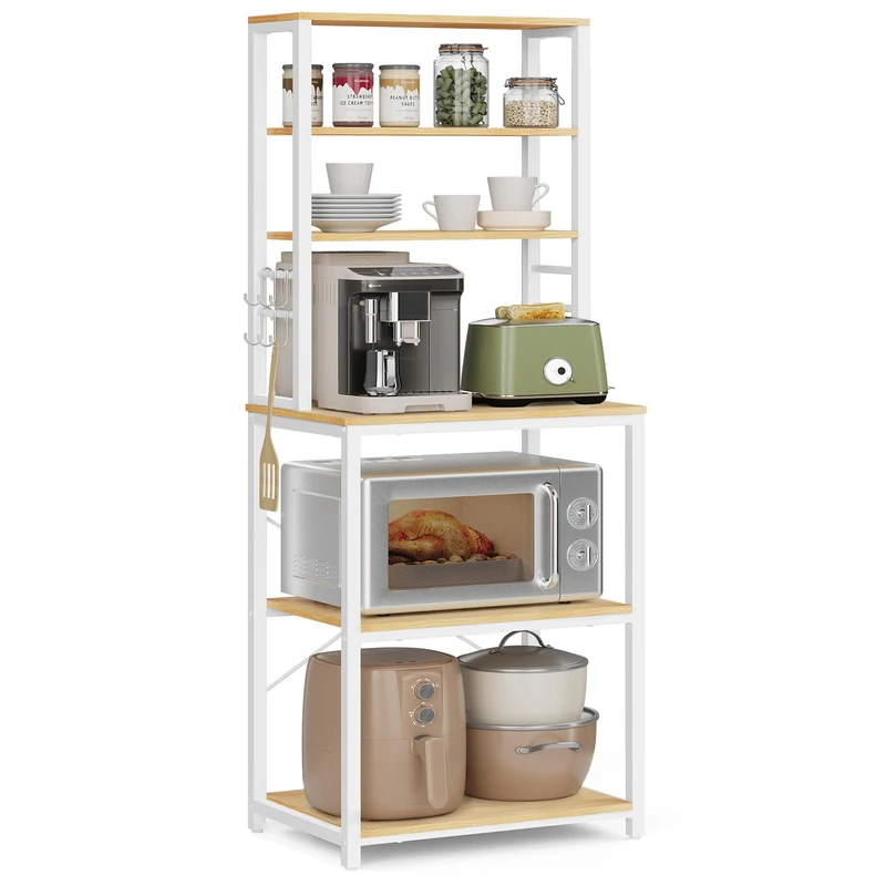 VASAGLE Kitchen Storage Rack, Coffee Bar, Baker's Rack, Total 6 Shelves and 6 Hooks, for Microwave, Steel Frame, Industrial, 40 x 60 x 167 cm, Golden Oak and Cloud White KKS024W09