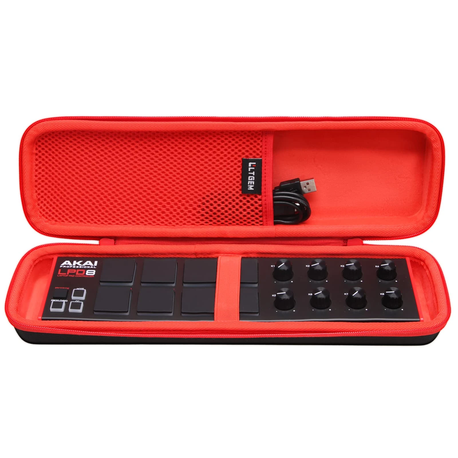 LTGEM Hard Case for AKAI Professional LPD8 MK2 USB MIDI Laptop Pad Controller (New Model), Inside: 14.1"x 4.1"x 2.3", Black+Red