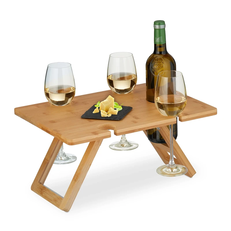 Relaxdays Picnic Wine Tray, Rectangular, Folding, 20x40x30 cm, Drinks Holder for 4 Glasses & 1 Bottle, Bamboo, Natural