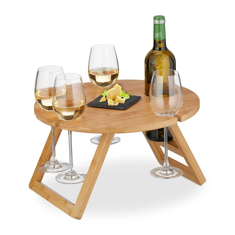 Relaxdays Picnic Wine Tray, Round, Folding, HxØ: 22 x 39 cm, Drinks Holder for 4 Glasses & 1 Bottle, Bamboo, Natural