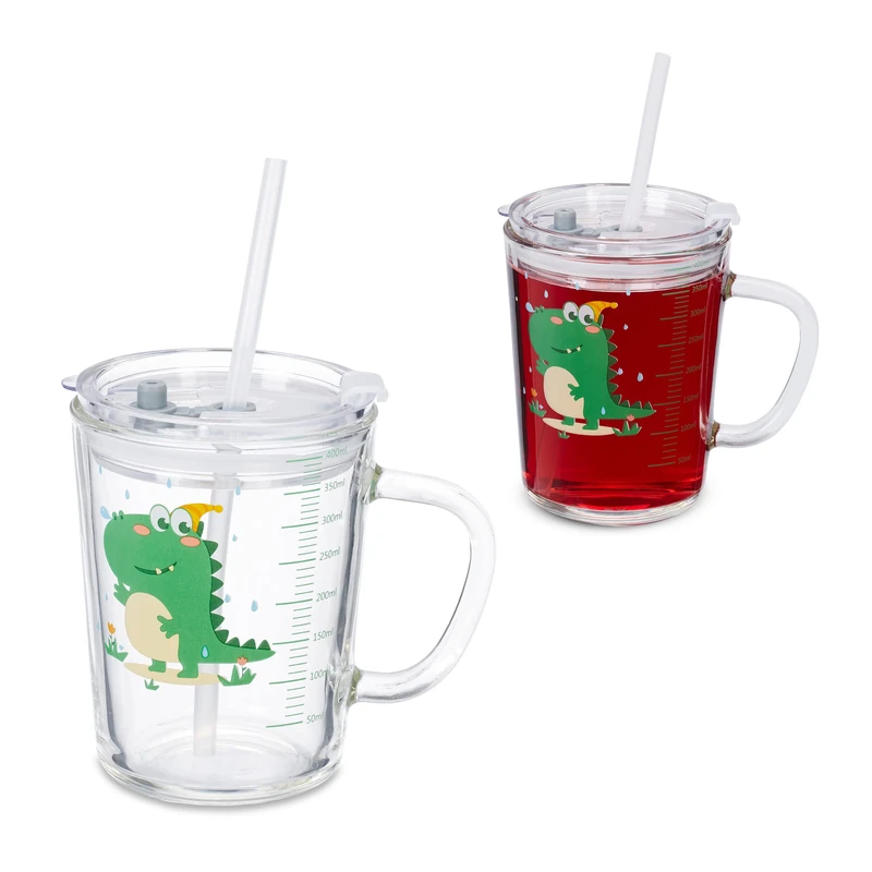 Relaxdays 2x Children's Cups, Dino Motif, Drinking Glass for Kids, with Handle, Lid & Straw, 400ml Scale, Transparent