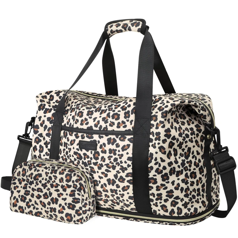 Capolo Expandable Weekender Overnight Duffle Bag for Women, Leopard, Waterproof, Lightweight with Toiletry & Shoe Bag