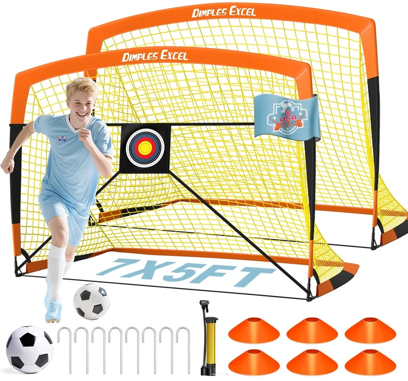 Dimples Excel Football Goal Pop up Football Net Post Football Training for Kids Garden Festival Gift 2 Pack (3'×2.2', Orange)