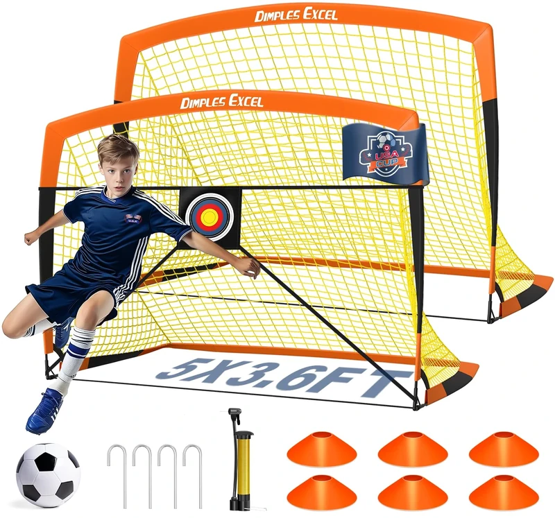 Dimples Excel Football Goal Pop up Football Net Post Football Training for Kids Garden Festival Gift 2 Pack (5'×3.6', Orange)