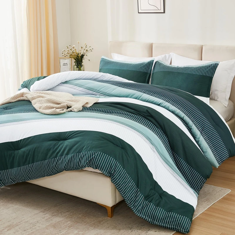 Litanika Dark Emerald Green California King Comforter Set - 3 Pieces Cal King Oversized Lightweight Summer Colorblock Stripe Bedding Set (104x96In, 2 Pillowcases)