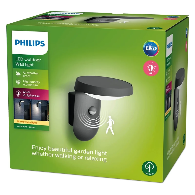 Philips Tyla Outdoor Wall Light (9 W), Weatherproof Outdoor Light with Motion Sensor and Warm White LED Lighting, Anthracite, Warm White