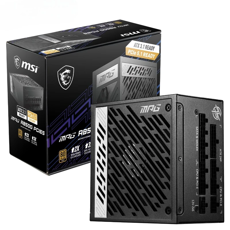 MSI MPG A850G PCIE5 Power Supply Unit, UK Plug - 850W, 80 Plus Gold Certified, Fully Modular ATX 3.0, PCIe 5.0 GPU Support, Japanese 105°C Capacitors, 0% RPM Mode, Flat Cables - 10 Year Warranty