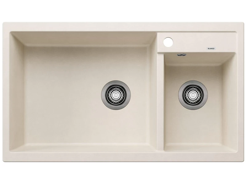 BLANCO METRA 9 | SILGRANIT Sink in Soft White | Installation Type: Inset Installation from Above | Main Bowl on The Left | for 90 cm Wide Base cabinets | User-Friendly Double Bowl | [86x50x20.2 cm]