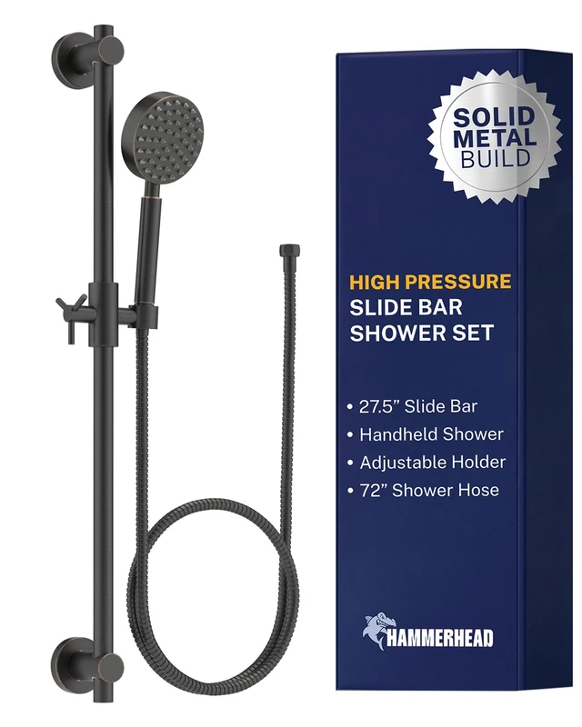 Hammerhead Showers® Solid Metal 27.5 Inch Shower Slide Bar Set and Handheld Shower Head with Hose — Oil Rubbed Bronze — 2.5 GPM High Pressure Spray Wand — Easily Adjust Height & Angle of Handshower