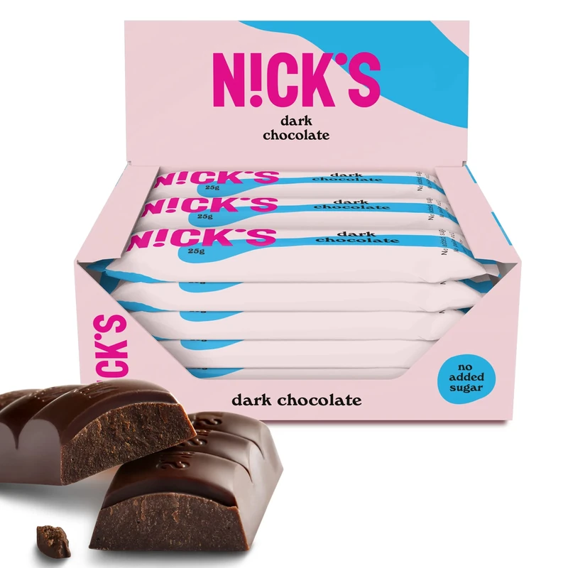 NICKS Dark Chocolate Vegan Keto Bars 1.1g Net Carbs, No Added Sugar, 107 Calories, Low Carb Sweets, Gluten Free Snack Bar (15x25g)