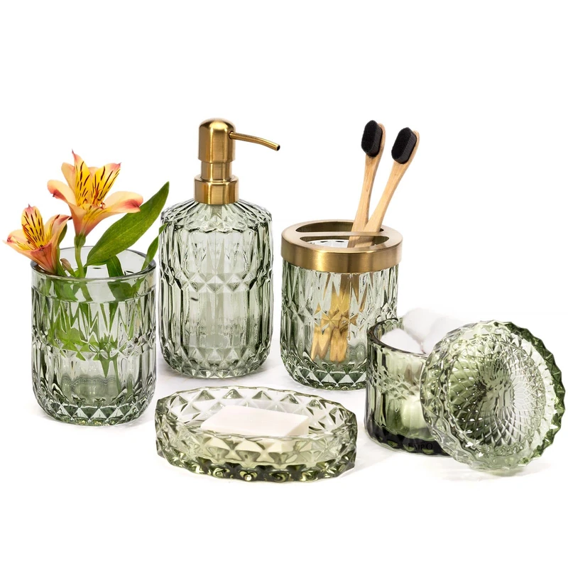 EMPO 6PCS Bathroom Clear Glass Accessories Set (Lotion Soap Dispenser, Soap Dish, Toothbrush Holder, Tumbler, Cotton Swab Jar), Contemporary Modern Decor Crystal Vintage Gift (6pcs Green)