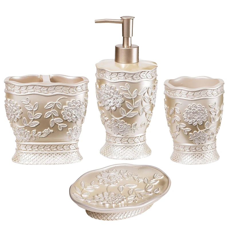 Zahari Home 4pc Rose Vine Bathroom Accessories Sets Lotion Pump, Tumbler, Tooth Brush Holder and Soap Dish Unique Design Beige Bathroom Set - Image 1