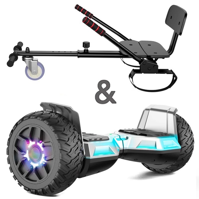 SISIGAD Hoverboard go Kart Seat,8.5" Off Road Hoverboards with LED Lights, All Terrain Hoverboards, Self Balancing Scooter with Bluetooth Speaker,Music Hoverboard Go Kart Bundle,Silver
