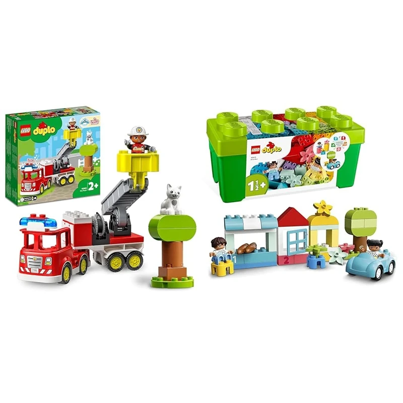 LEGO 10969 DUPLO Town Fire Engine Toy for Toddlers 2 Plus Years Old, Truck with Lights and Siren & 10913 DUPLO Classic Brick Box Building Set with Storage, Toy Car, Number Bricks and More