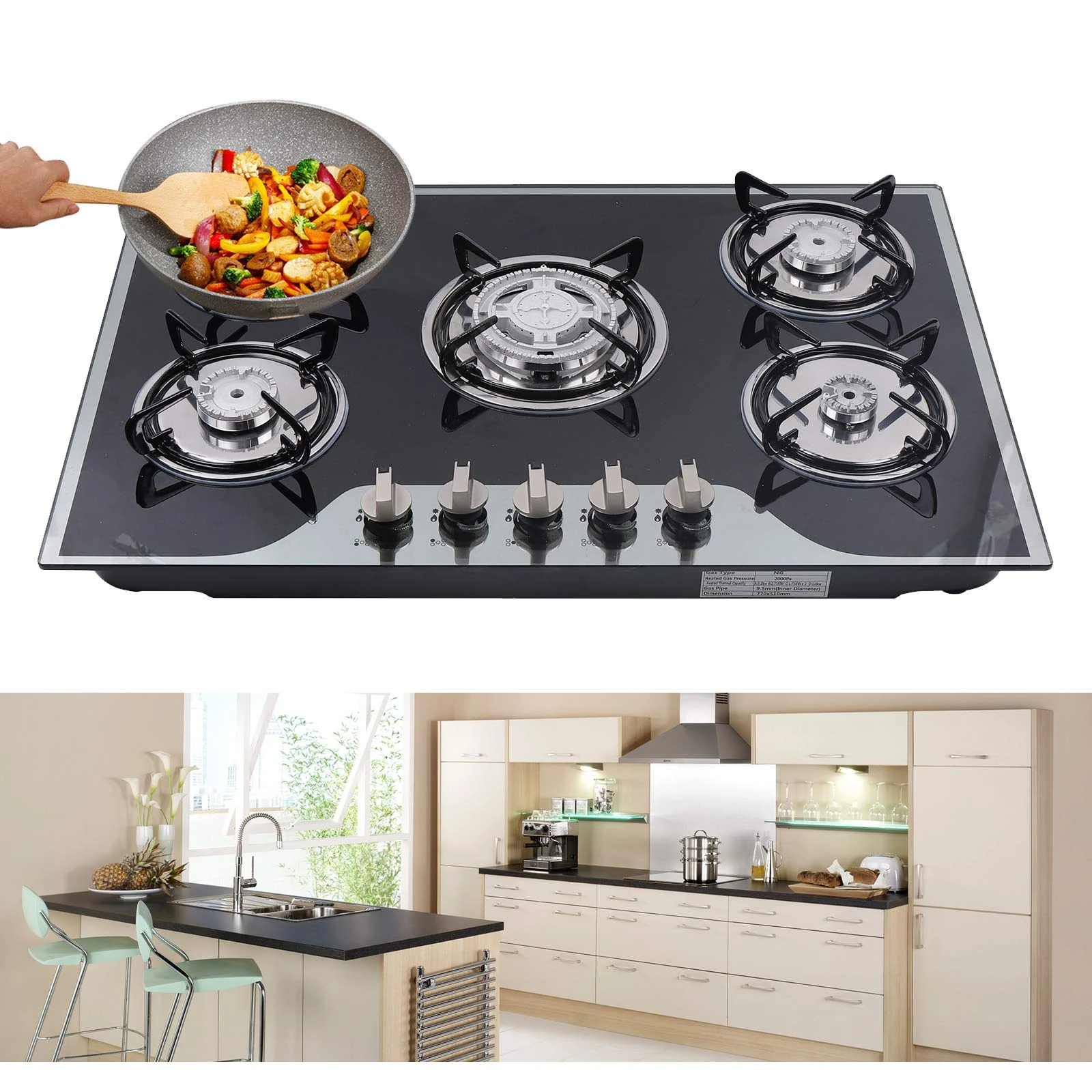 30.3" LPG/NG Gas Cooktop|Gas Cookers Built-in 5 Burners Stove Hob Cooktop Tempered 8mm Toughened Glass|NG gas 5 Burner Gas Hobs