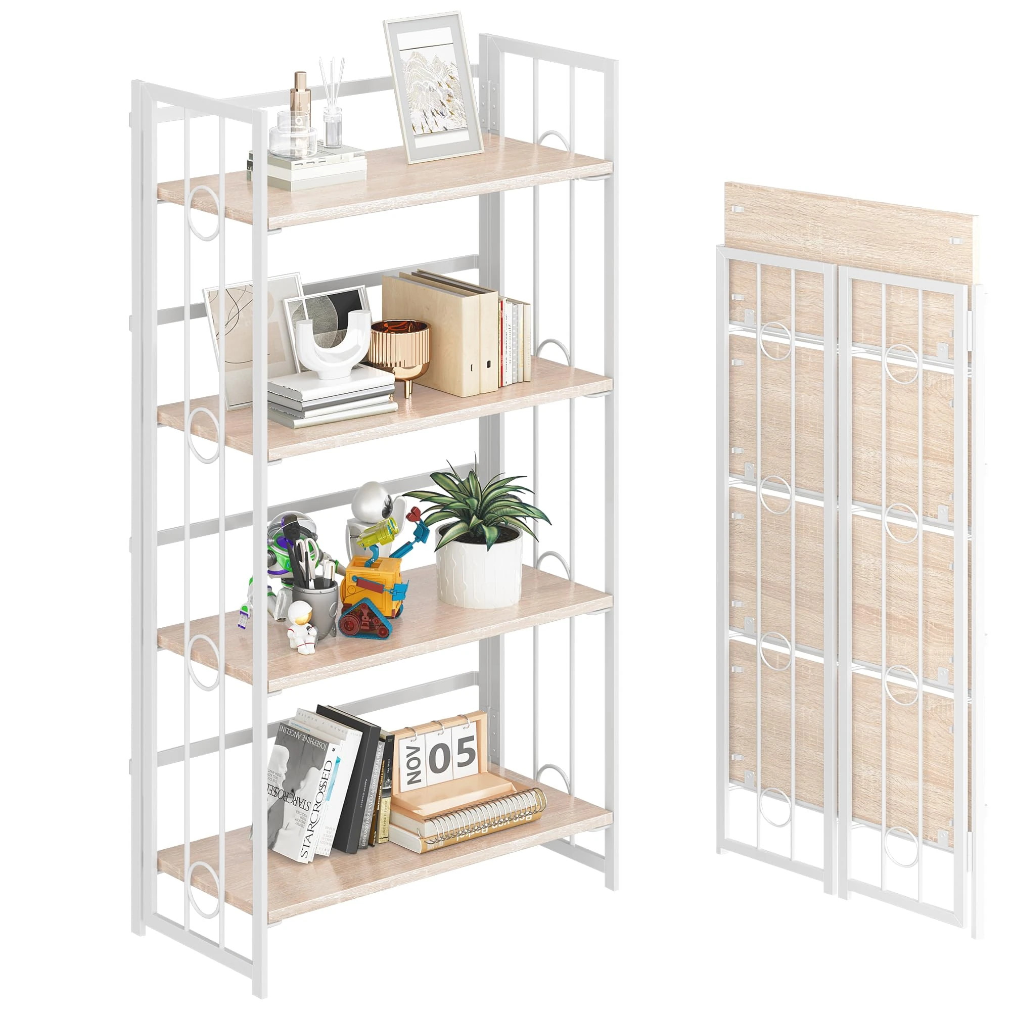 4NM No-Assembly 4 Tiers Folding Bookshelf Storage Shelves Vintage Bookcase Standing Racks Study Organizer Home Office - Natural White