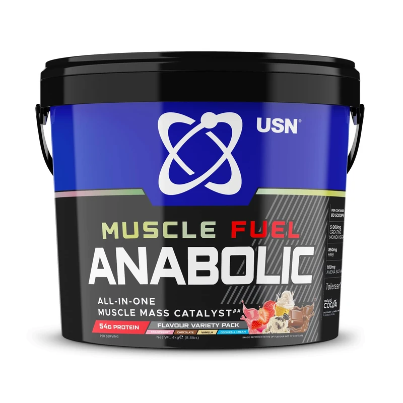 USN Muscle Fuel Anabolic All-In-One Muscle Mass Gainer, Variety Flavour Pack - 4kg, 54g Protein Powder, 5g Creatine Powder & 5g BCAA Powder For Maximum Muscle Growth, Post Workout Recovery Drink Mix