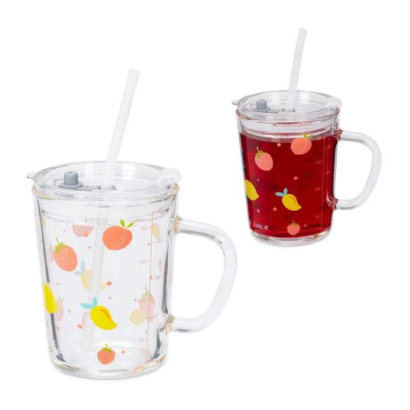Relaxdays 2X Children's Cups, Fruity Motif, Drinking Glass for Kids, with Handle, Lid & Straw, 400ml Scale, Transparent, 12 x 12.5 x 9.5 cm
