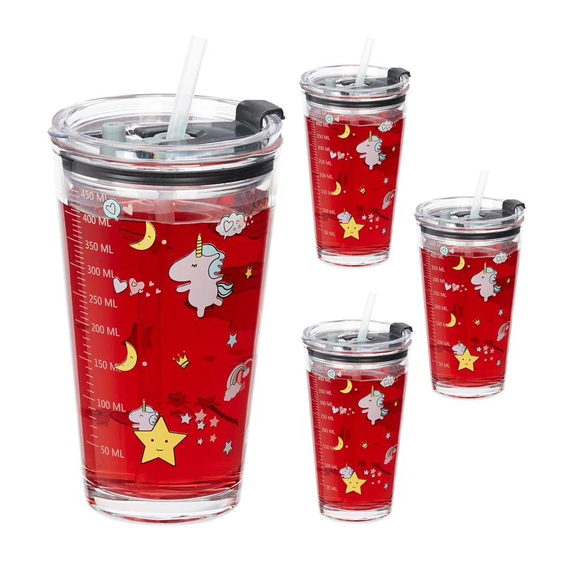 Relaxdays 4x Children's Cups, Unicorn Motif, Drinking Glass for Kids, with Handle, Lid & Straw, 450ml Scale, Transparent