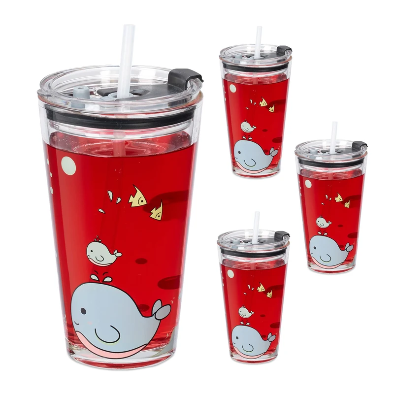 Relaxdays 4X Children's Cups, Whale Motif, Drinking Glass for Kids, with Handle, Lid & Straw, 450 ml Scale, Transparent, 15 x 9 x 9.5 cm