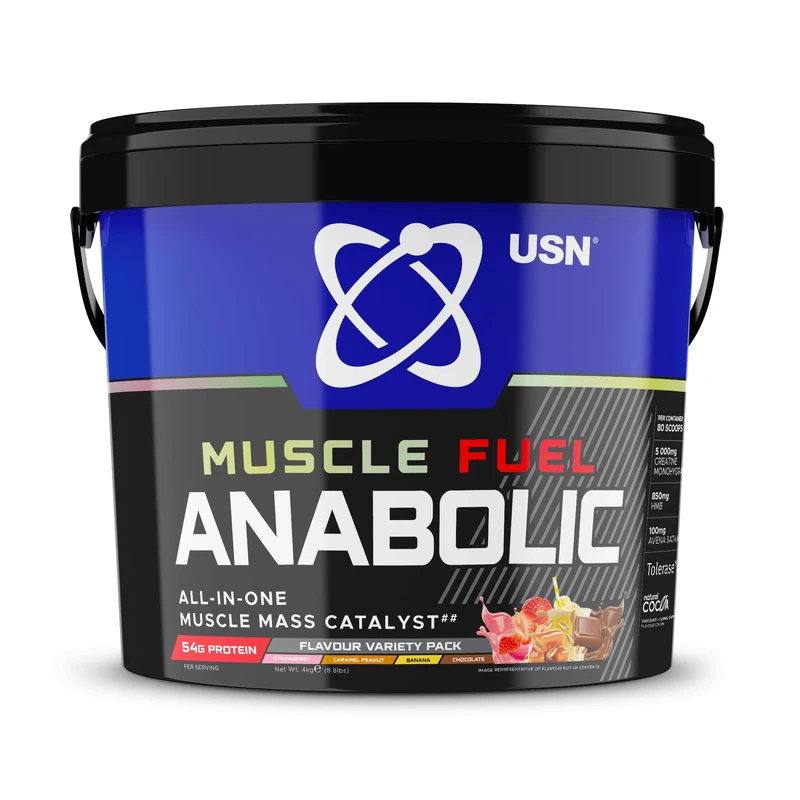 USN Muscle Fuel Anabolic Variety (Chocolate, Strawberry, Banana, Caramel Peanut) All-in-one Protein (4kg): Workout-Boosting, Protein Powder for Muscle Gain - New Formula