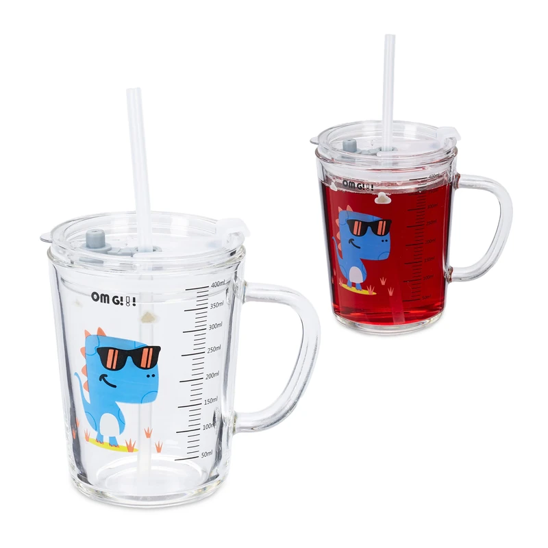 Relaxdays 2X Children's Cups, Cool Dino Motif, Kids' Drinking Glass, with Handle, Lid & Straw, 400ml Scale, Transparent, 12 x 12.5 x 9.5 cm