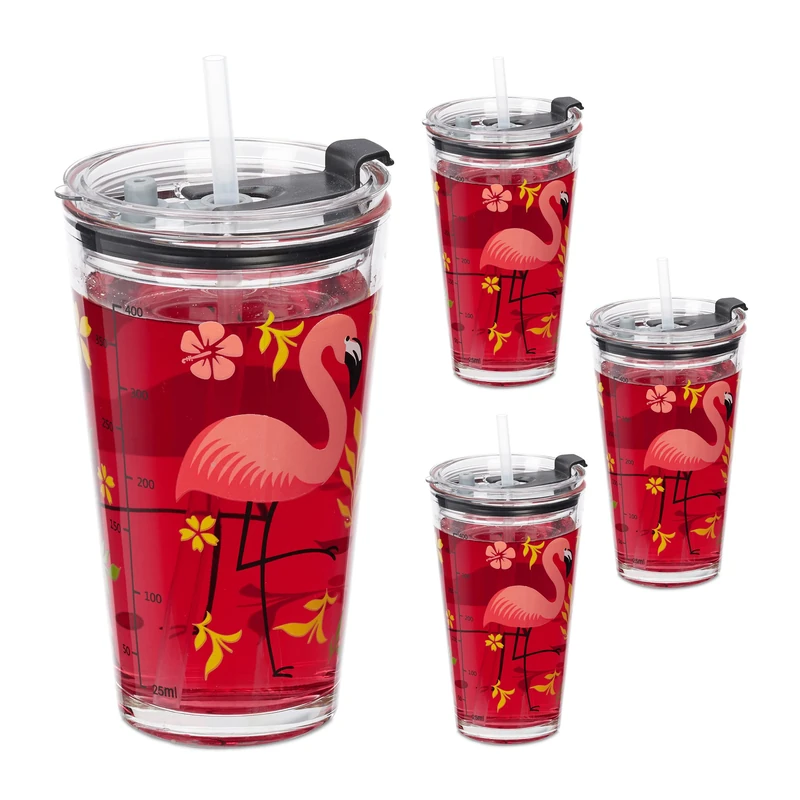 Relaxdays 4x Children's Cups, Flamingo Motif, Drinking Glass for Kids and Adults, Lid & Straw, 450 ml Scale, Transparent