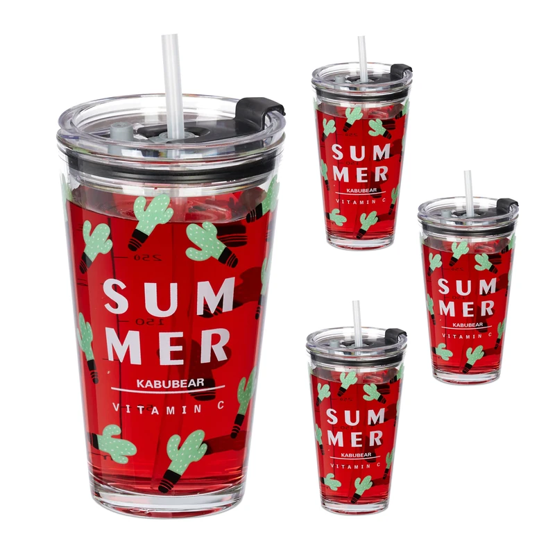 Relaxdays 4X Children's Cups, Cacti Motif, Drinking Glass for Kids, with Handle, Lid & Straw, 450 ml Scale, Transparent, 15 x 9 x 9.5 cm